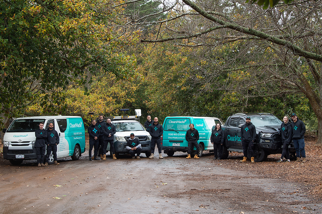 cleanmade staff standing in front of their parked company vehicles in a park