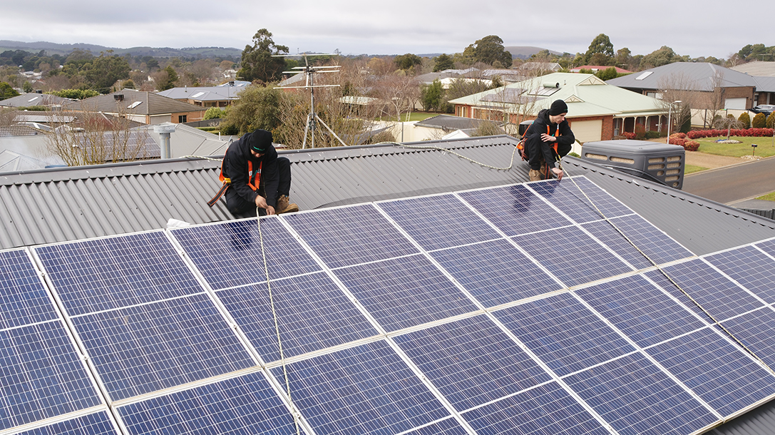 CleanMade technicians on a roof installing bird netting mesh around solar panels on a home in melbourne