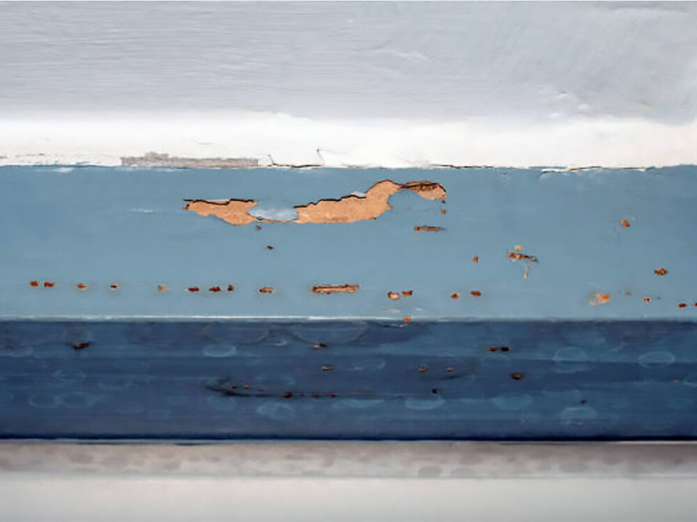 existing termite damage with only small holes and peeled paint showing on the surface