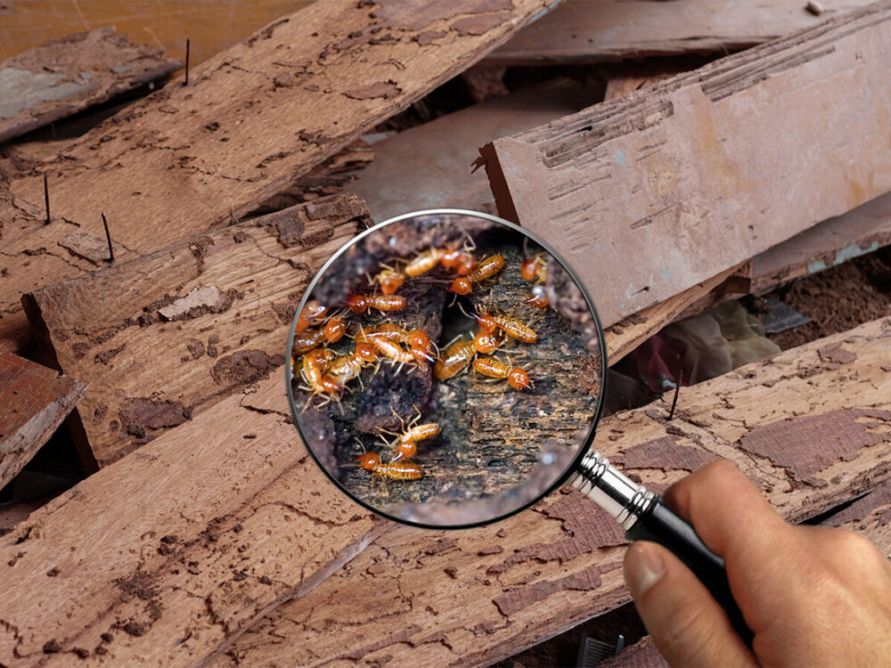 magnifying glass showing termites on a pile of termite-damaged building wood