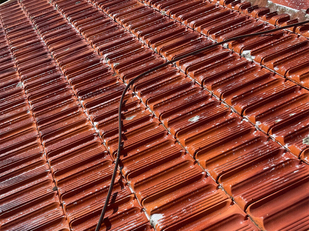 tiled roof with roof cleaning treatment just applied