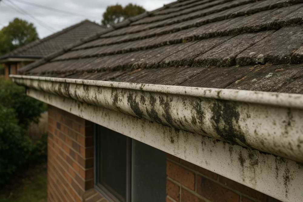 Dirty and moldy house gutter filled with debris and showing signs of mildew buildup